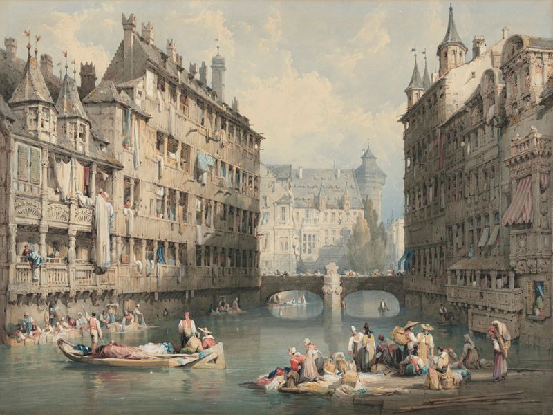 View of Nuremberg by Samuel Prout, oil painting depicting a city landscape with a river.