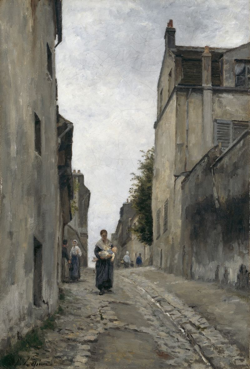 Rue Mont-Cenis, Montmartre by Stanislas Lépine, oil on canvas depicting a cobblestone street at dusk.