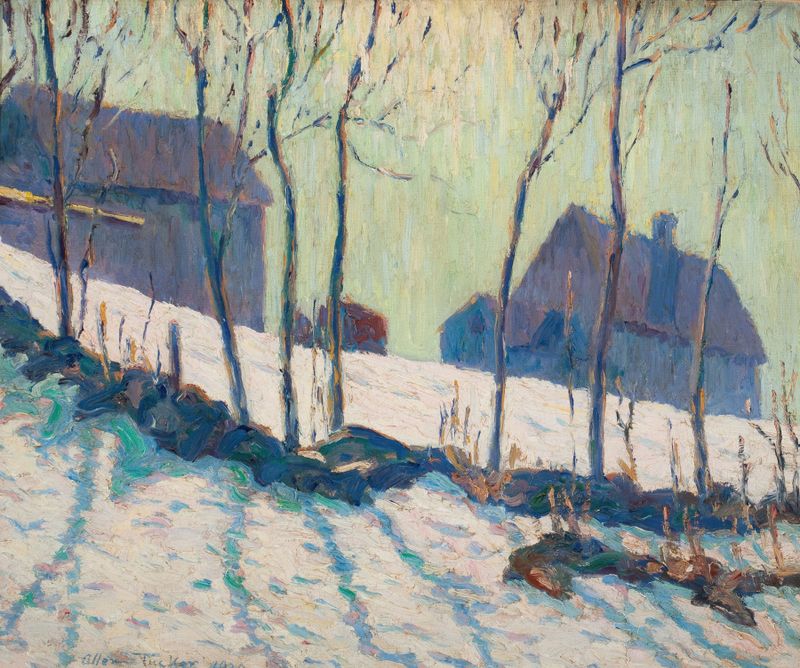 Winter Landscape by Allen Tucker, oil on canvas depicting a snowy forest scene.