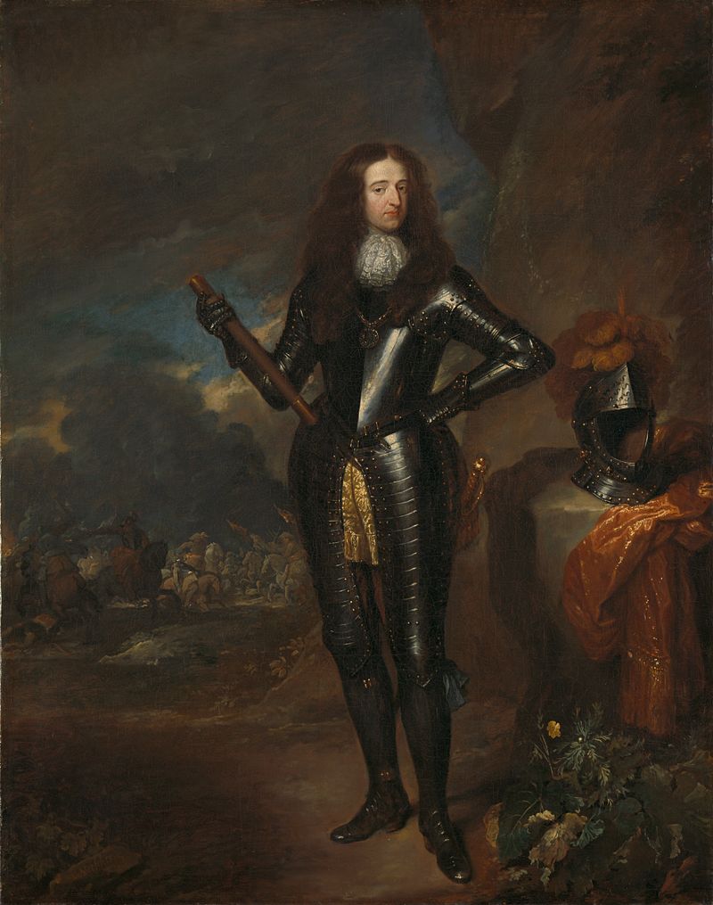 Retrato de Guilherme III, óleo sobre tela de Caspar Netscher, apresentando um príncipe com um capacete pluma e faixa laranja.