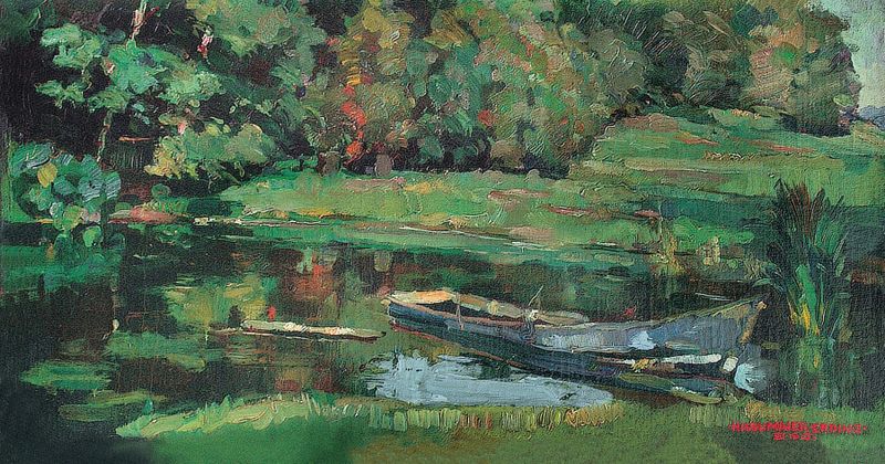 Landscape with calm waters by Hiasl Maier-Erding, oil painting