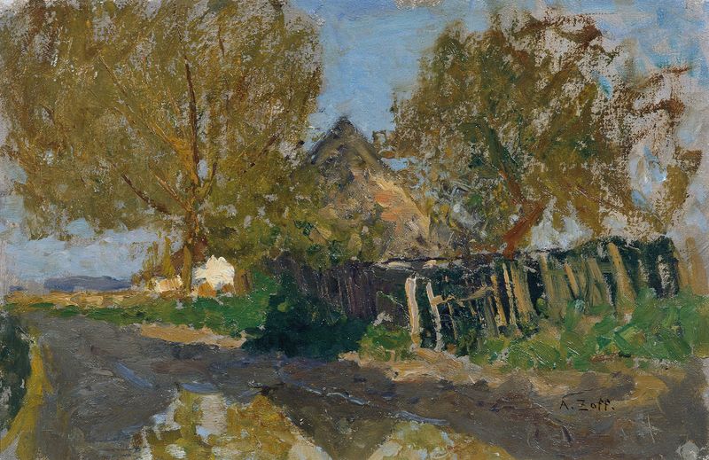Paisagem com árvores e um caminho de paralelepípedos, pintura a óleo de Alfred Zoff