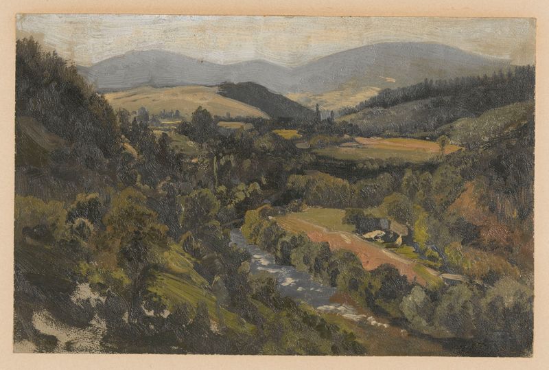 Paisagem com um vale montanhoso e um riacho, óleo de Adolf Dressler