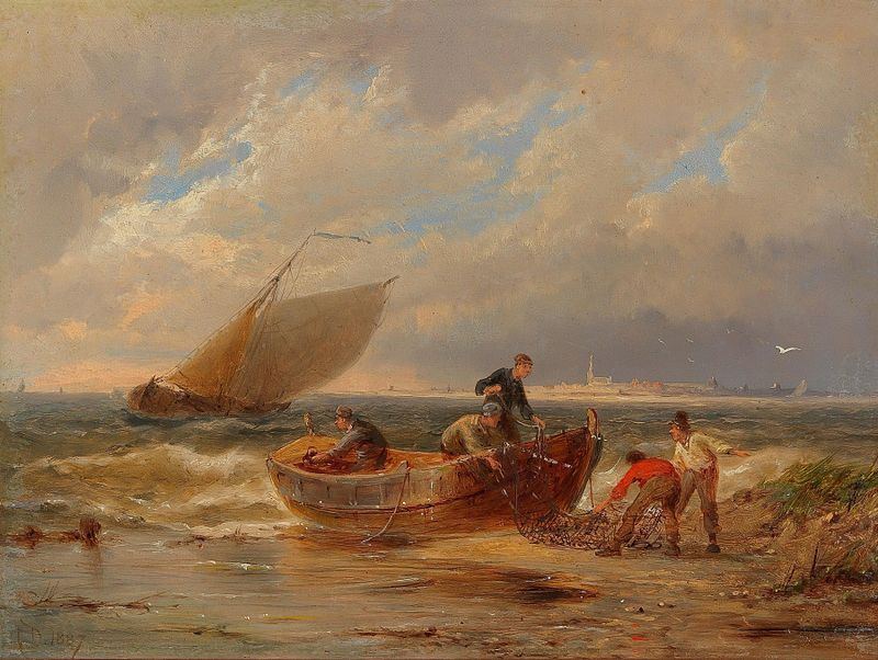 Marine scene with fishermen hauling catch, oil painting by Pieter Cornelis Dommersen