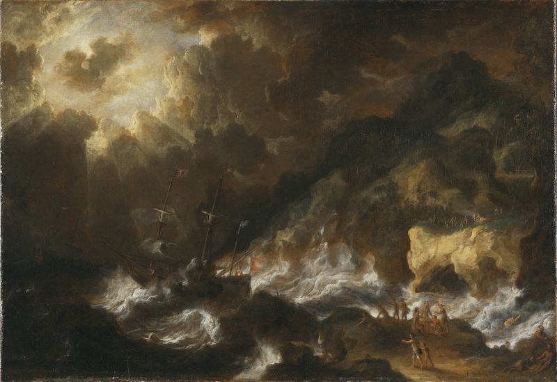 Shipwreck by Peter van de Velde, oil on canvas showing a ship in a stormy ocean.