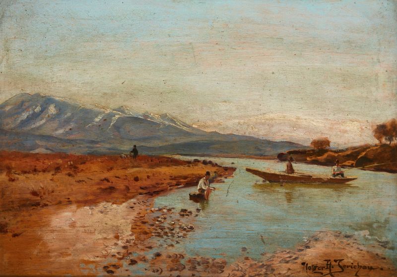 Oil painting by Holger Hvitfeldt Jerichau featuring a serene figure in a Norwegian landscape.