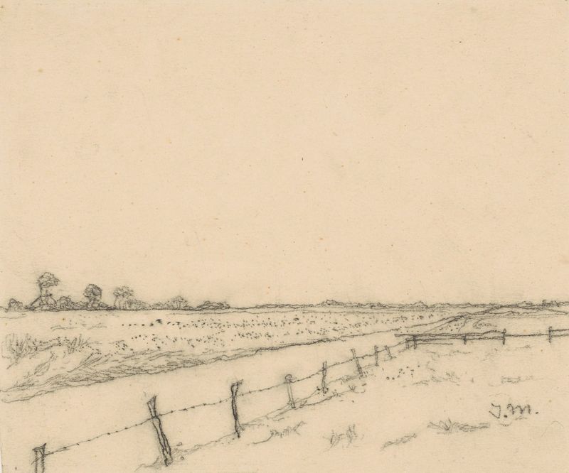 Landscape with a meadow and fence by Jan Mankes, oil painting