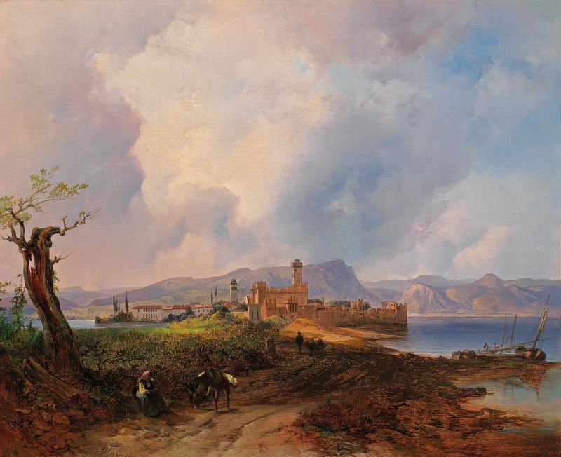 Landscape of Sirmione by Anton Hansch, oil on canvas showing tranquil waters and mountains.