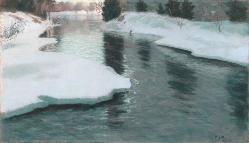 Melting Snow de Frits Thaulow, óleo sobre lienzo que representa un paisaje invernal con nieve y un río