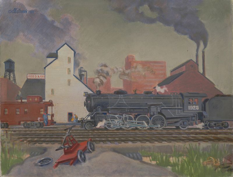The Iron Horse by James C. Kulhanek, realism, depicting a locomotive in a lush landscape.