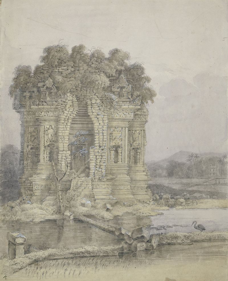 Candi Kalasan landscape by Adrianus Johannes Bik, depicting temple architecture and nature.