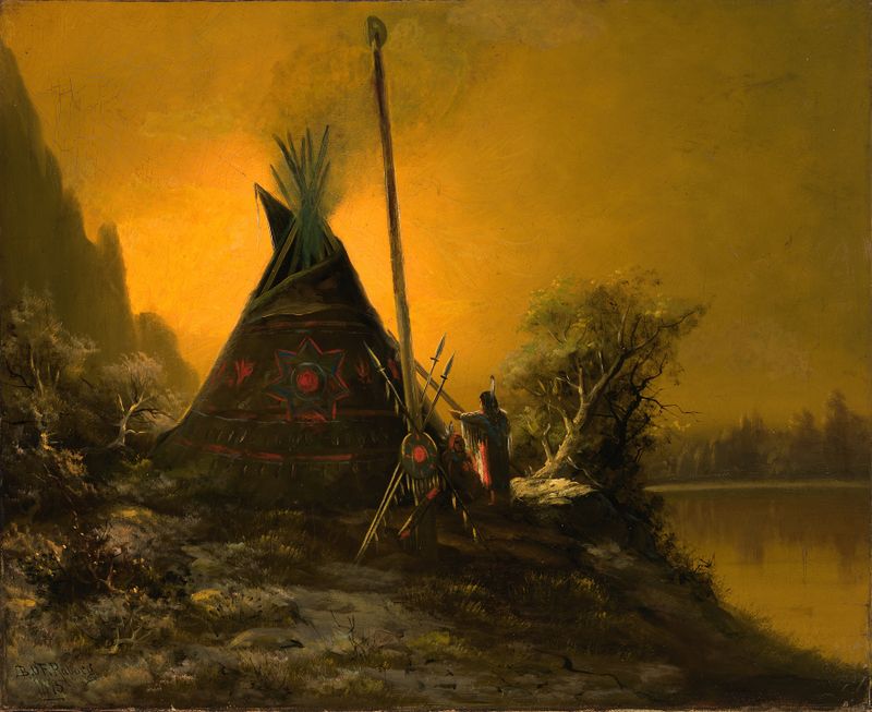 Escena nocturna de un tipi indio iluminado por una linterna, de Benjamin Raborg