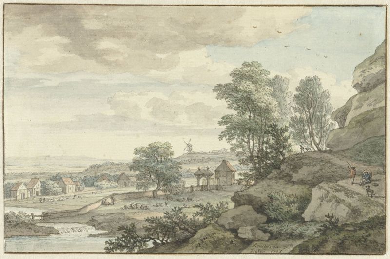 Landscape featuring a stream and village by Isaac de Moucheron, 1743