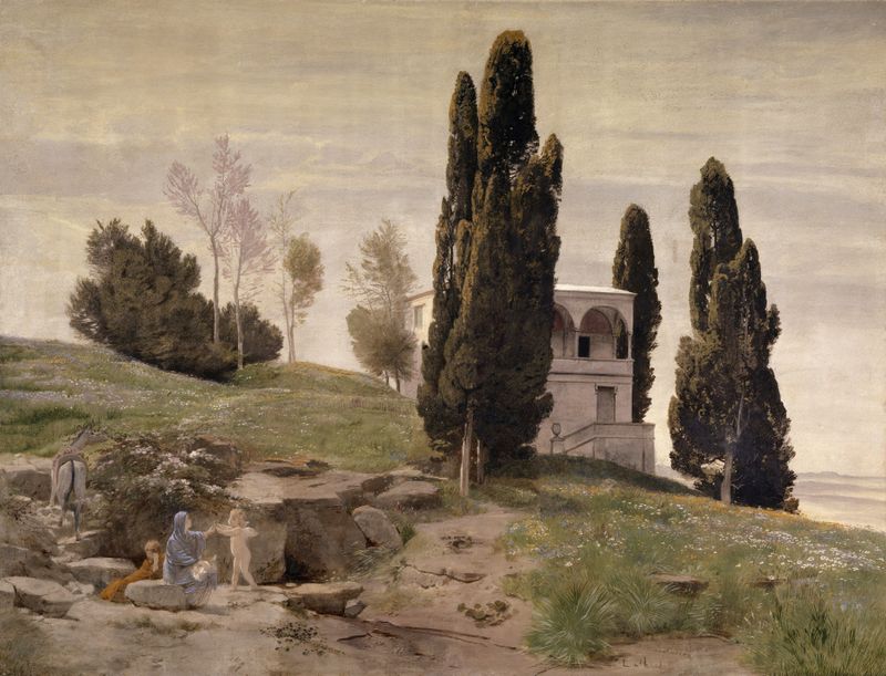 Rest on the Flight into Egypt, pintura a óleo de Arnold Böcklin mostrando Maria, José e o menino Jesus sob a folhagem.
