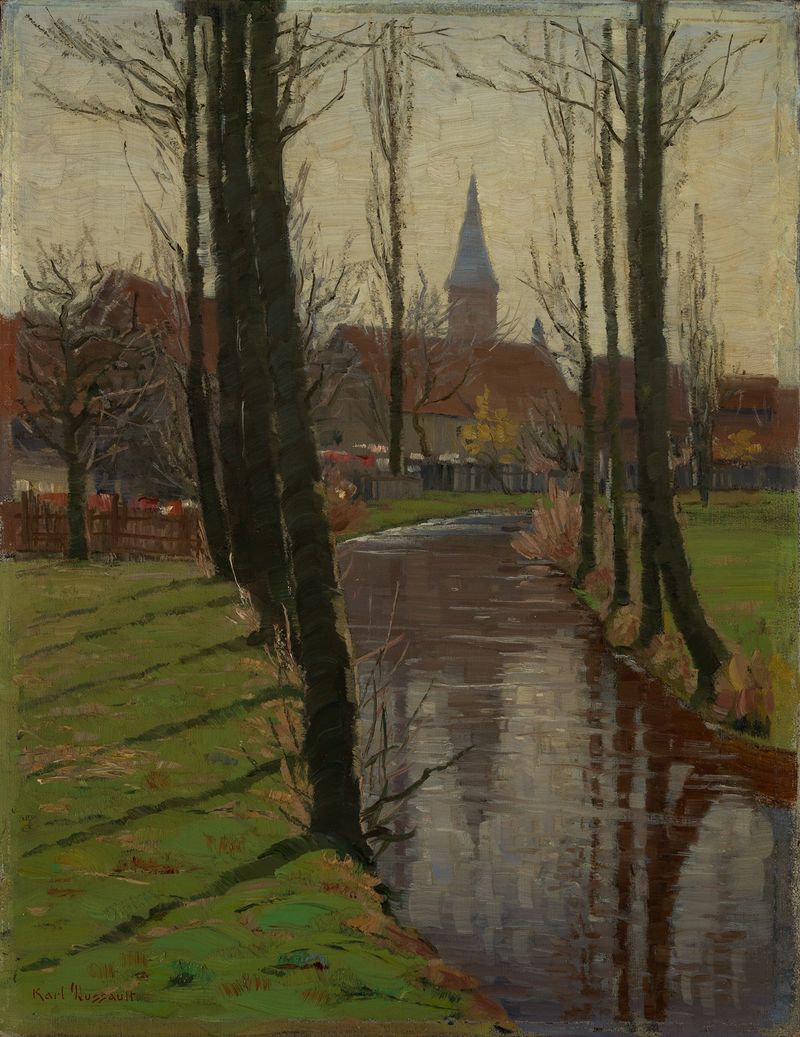 Sonniger Vorfrühling de Karl Dussault, óleo sobre lienzo que representa un vibrante paisaje primaveral.