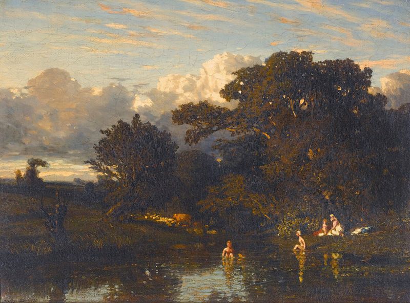 Cena figurativa de figuras descansando à beira do rio, pintura a óleo de Jules Dupré