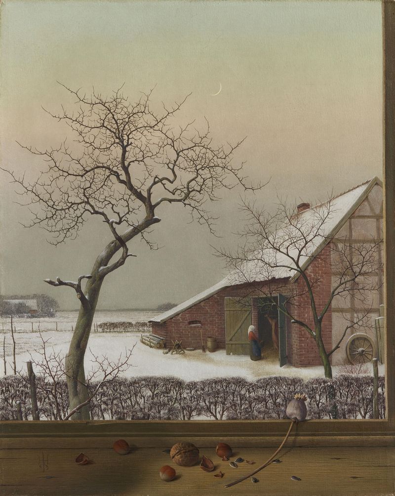 Winterabend am Niederrhein, oil on canvas by Herbert Böttger, depicting a winter landscape.