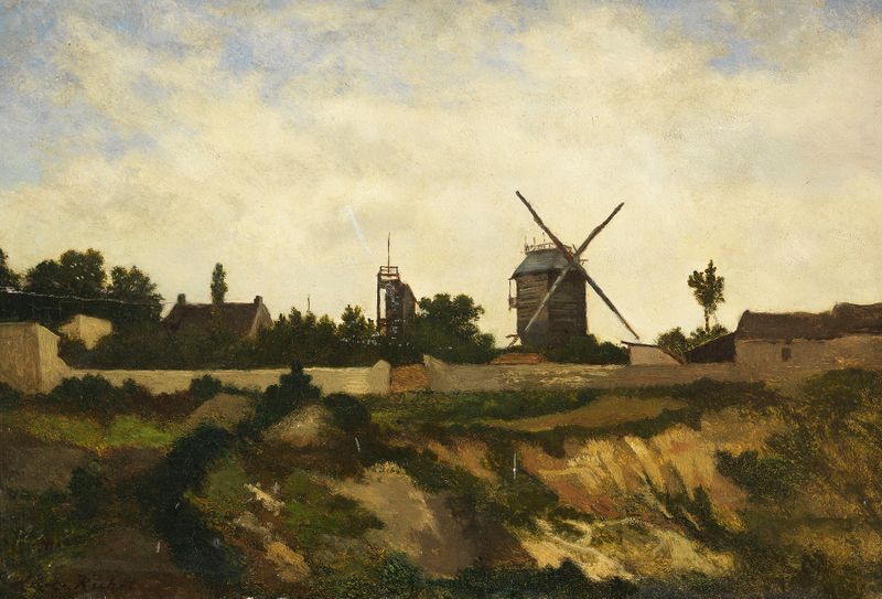 Les Moulins de Montmartre by Leon Richet, oil on canvas depicting windmills at twilight.