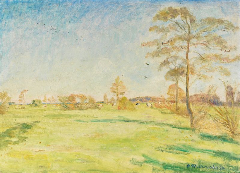 Wümmelandschaft mit Kühen de Otto Modersohn, óleo sobre tela representando uma paisagem com vacas.