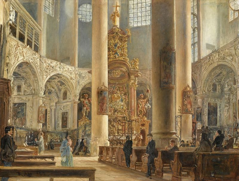 Interior de la Iglesia Franciscana, óleo sobre lienzo de Rudolf von Alt