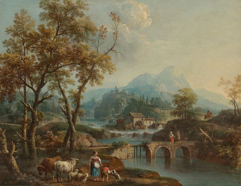 Rococo landscape featuring a lake, bridge, and town by Giovanni Battista Cimaroli