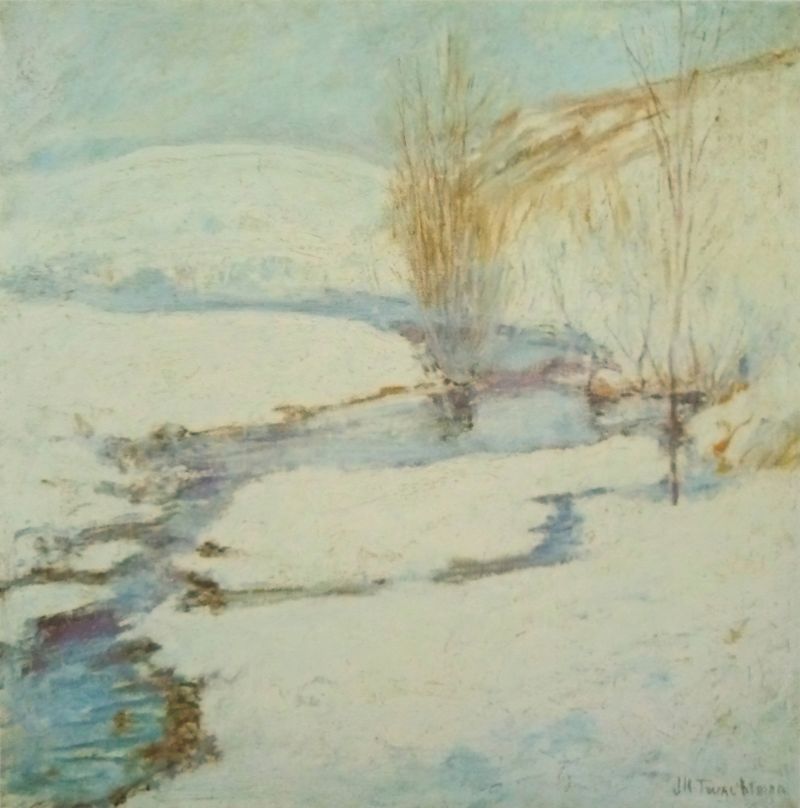 Winter landscape with snow and ethereal sky, oil painting by John Henry Twachtman