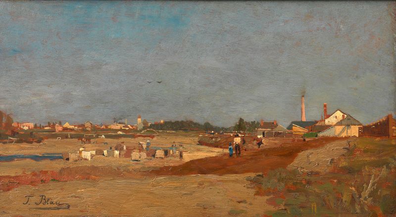 Wäscherei an der Wien bei St. Veit de Tina Blau, impressionismo, retratando lavanderia à beira de um rio