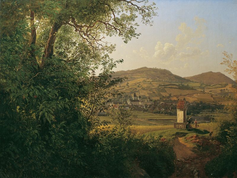 Landscape featuring a river and village at sunset, oil painting by Joseph Rebell
