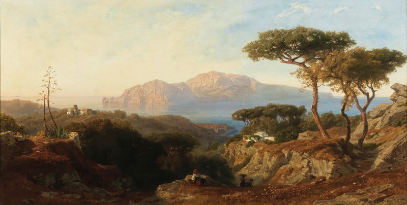 A View of Capri from Massa, oil on canvas by Karl Lindemann-Frommel, depicting cliffs and blue sea.