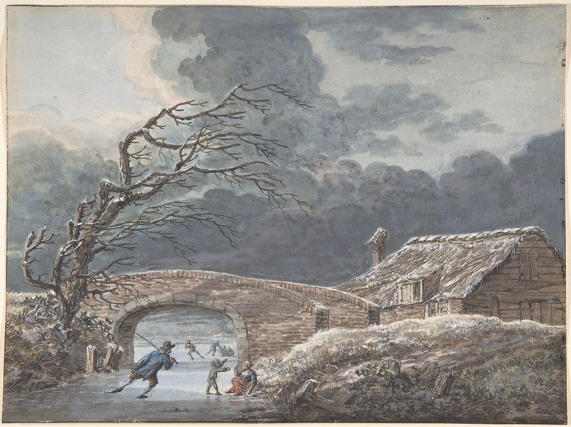 Winter landscape with skaters on a frozen canal, oil painting by Vincent Jansz. van der Vinne