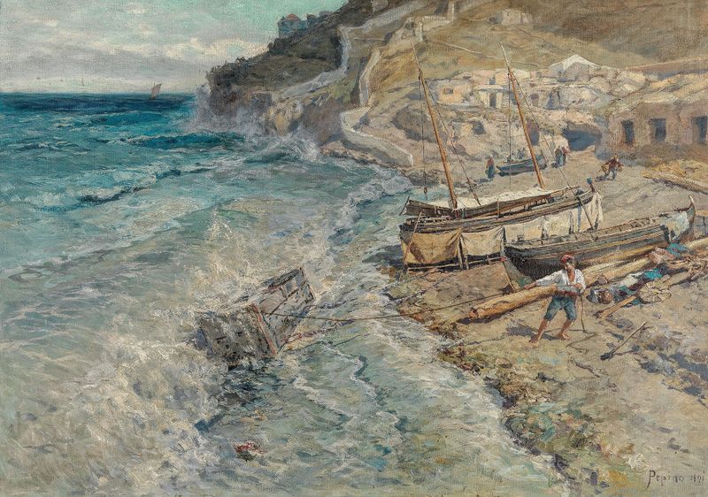 On the Neapolitan Coast, pintura al óleo de Anton Josef Pepin, que muestra un atardecer sobre aguas tranquilas.