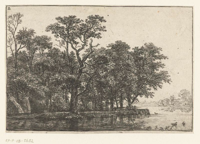 Gravura de Simon de Vlieger representando uma ilha tranquila com vegetação e água.