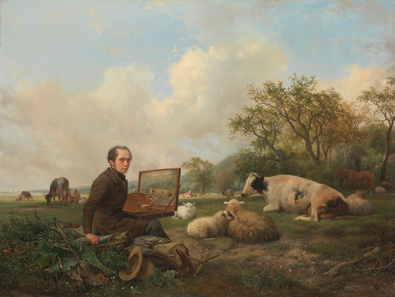 The Artist Painting a Cow in a Meadow, oil on panel by Hendrikus van de Sande Bakhuyzen