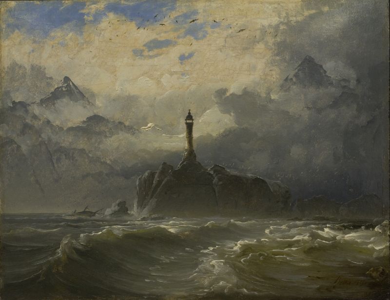 Seascape de Peder Balke, pintura a óleo que retrata ondas tempestuosas e nuvens escuras
