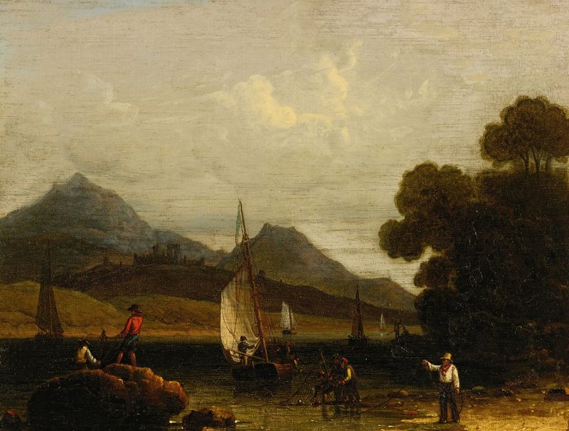 Fishermen At Work de Robert Salmon, pintura al óleo que representa a pescadores con redes