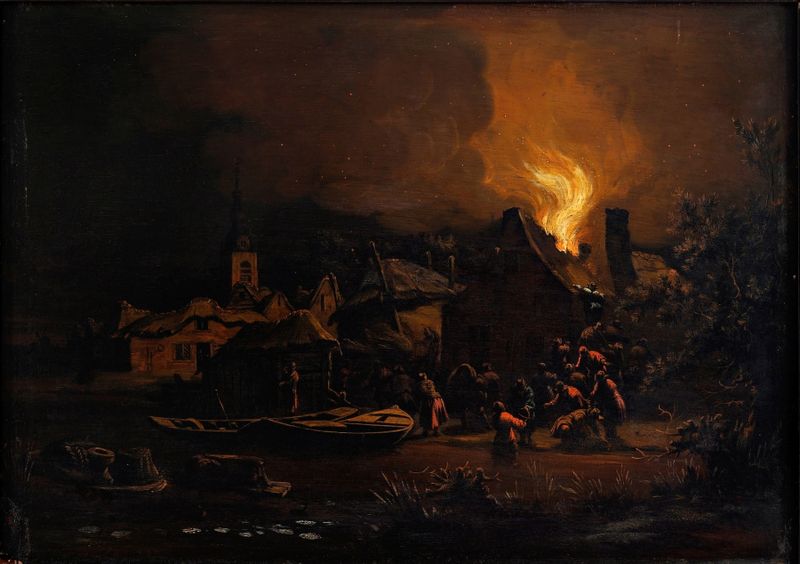 A fire in a Dutch village, pintura a óleo de Egbert Lievensz van der Poel