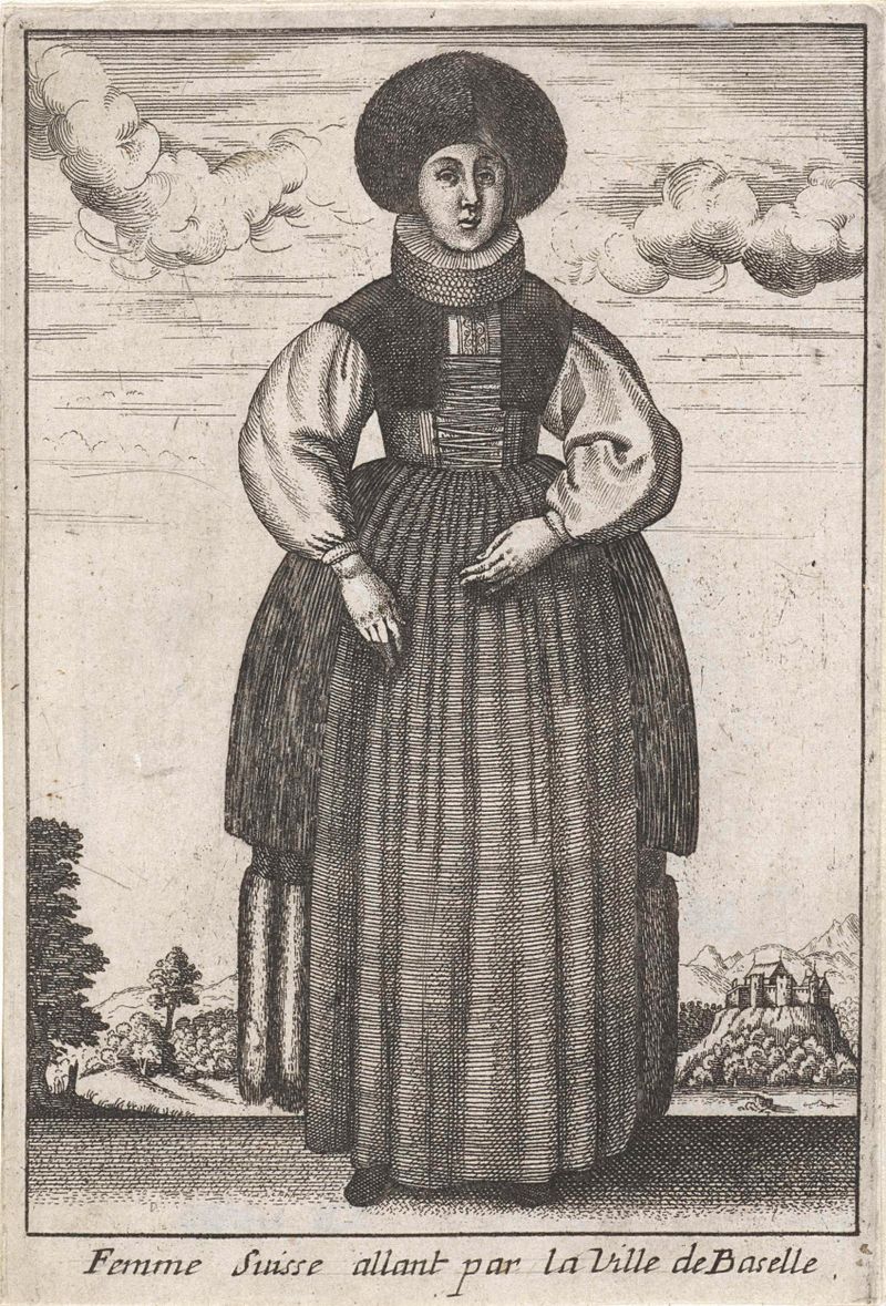 Femme Suisse allant par la Ville de Baselle, gravura de Unknown Artist, retratando uma mulher caminhando por uma cidade.