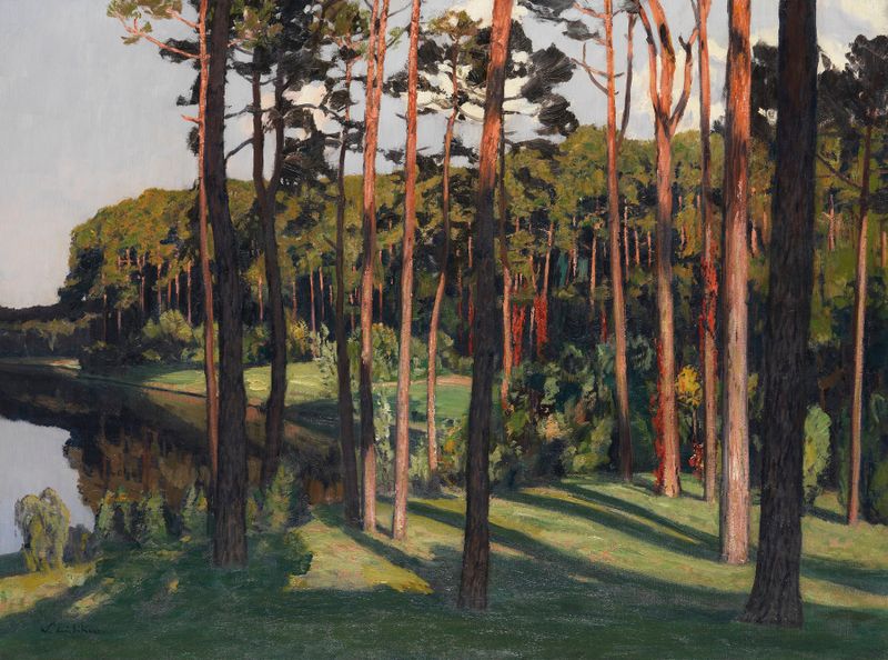 Märkische Landschaft by Walter Leistikow, oil on canvas depicting a tranquil landscape with soft greens and gentle sky.