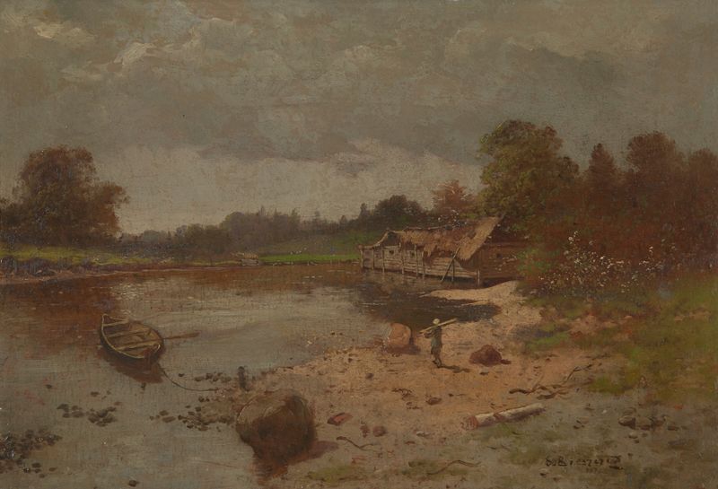 Landscape with a Pond by Seweryn Bieszczad, oil painting depicting a tranquil pond surrounded by soft hues of nature.
