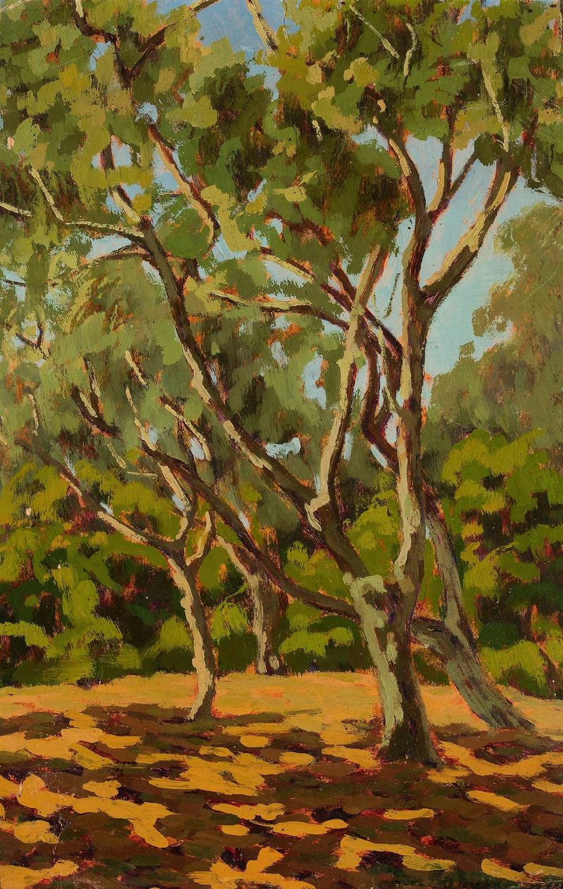 Olives and sunny glade de Jan Bohuszewicz, óleo sobre lienzo que muestra aceitunas a la luz del sol.