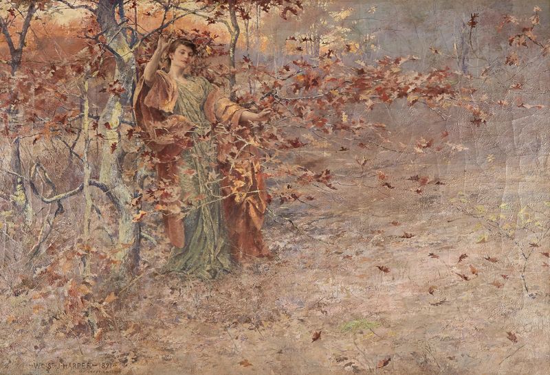 Otoño óleo de William St. John Harper que representa un follaje vibrante y luz dorada