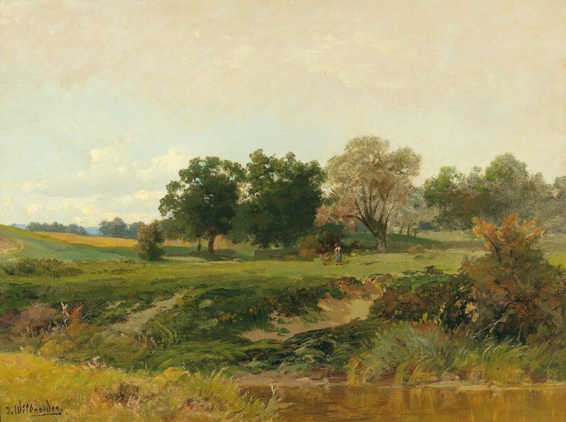 Landscape with Woman Gathering Wood by Josef Willroider, depicting a woman gathering twigs in a forest.