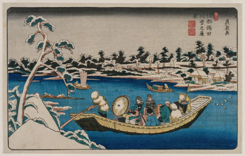 Grabado en madera de Ikeda Eisen que muestra nieve en el río Sumida.