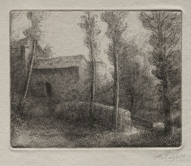 Le Pont du Moulin, gravura de Alphonse Legros, representando uma ponte sobre água com árvores.