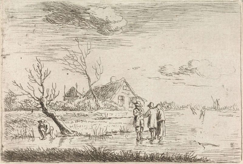 Winter landscape with skaters and a farm, etching by Johannes Christiaan Janson