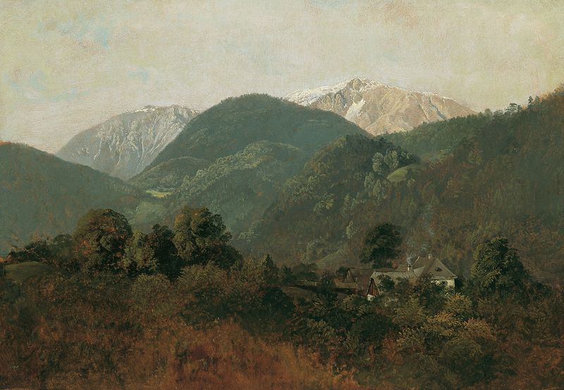 Landscape oil painting by Friedrich August Matthias Gauermann featuring hills and a sky.