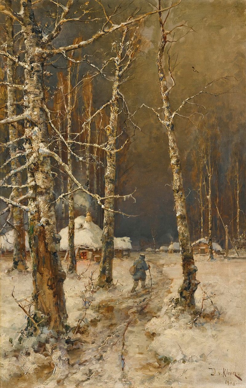 Traveller in the Snow de Julius Sergius Klever, óleo de una figura con capa en un paisaje nevado