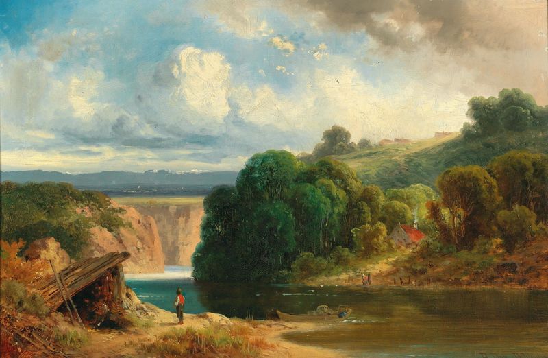 A River Valley de Anton Doll, pintura a óleo que retrata uma paisagem vibrante com um rio e vegetação exuberante.