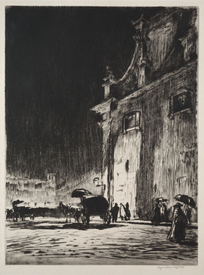 Escena nocturna lluviosa con adoquines y luz de lámpara, tinta sobre papel de Muirhead Bone