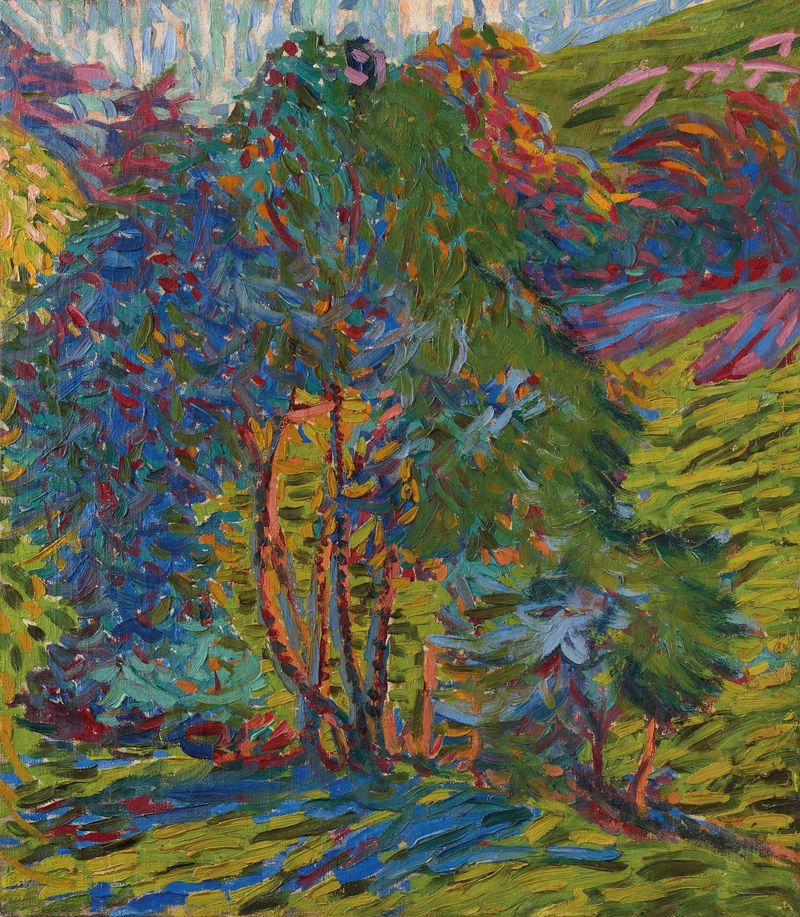 Waldstück de Ernst Ludwig Kirchner, óleo sobre tela que retrata uma cena florestal vibrante.
